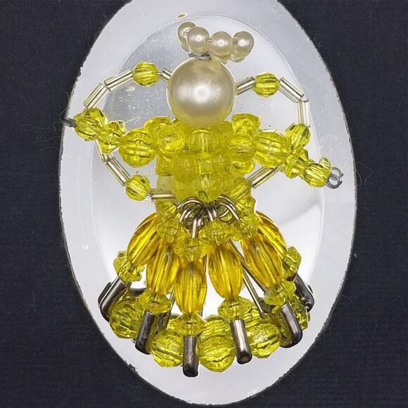 Vintage Beaded Angel Yellow Ornament Mirror 3" Pearl Handmade with Safety Pins - Picture 3 of 6